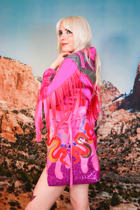 Blonde woman holding bag